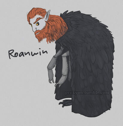 Roanwin with crow feather cloak (god of smithing and creativity, Steel the Wolf)